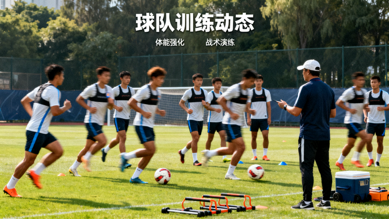 足球队在训练场进行体能和战术训练的画面，球队动态文章配图